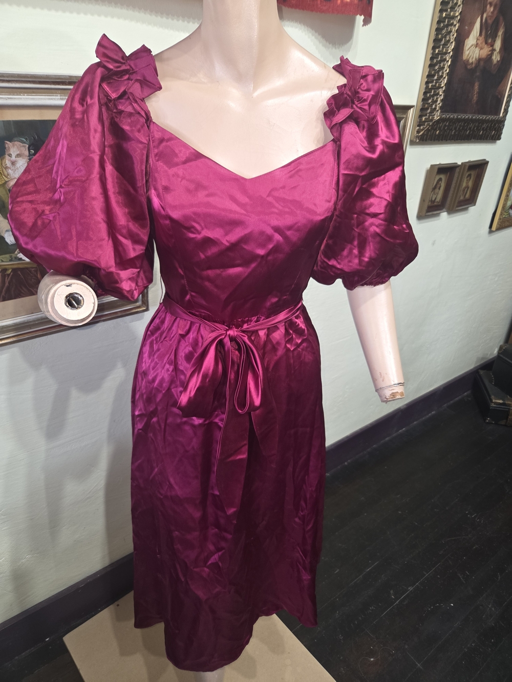 Magenta Satin Puff-Sleeve Midi Dress with Waist Tie